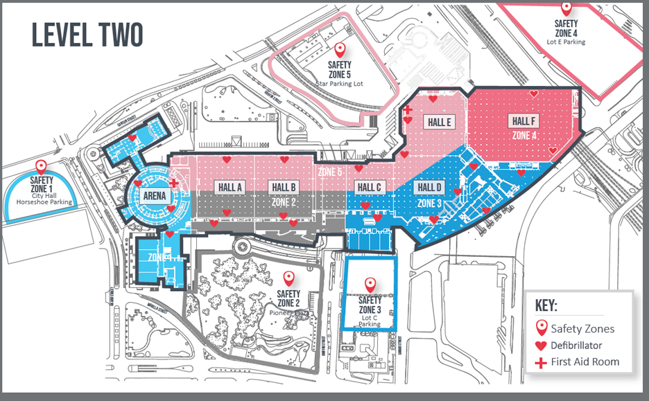 map of the Kay Bailey Hutchison Convention Center with safety zones marked